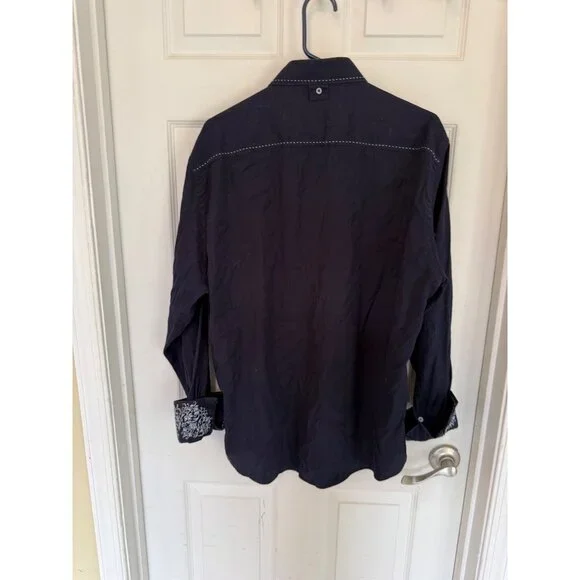 Zagiri Men's Navy Blue Embroidered Stitching Button Down Shirt Size XL - Picture 6 of 6